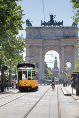 tram e arco della pace di milano, italia, streetcar and arch of peace in milan, italy  - 524694254