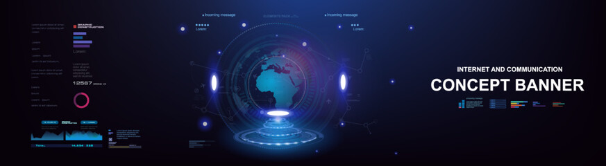 Conceptual futuristic cyber banner with HUD elements. Internet technologies and communications on futuristic background. The process of exchanging information through the global Internet