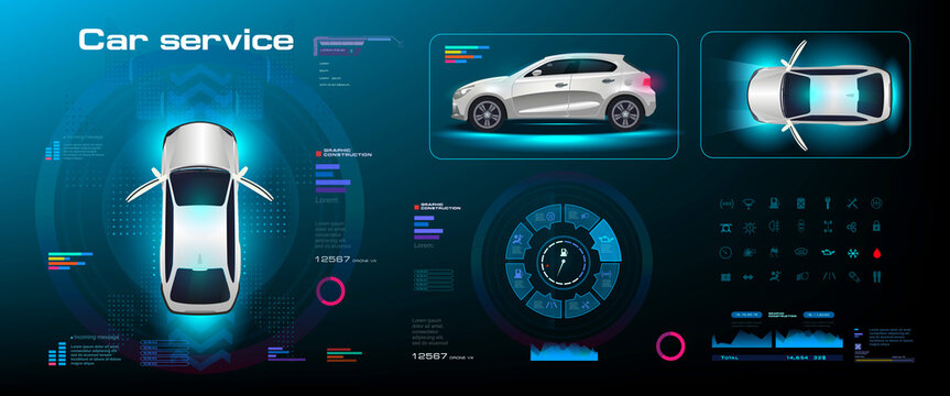 Futuristic digital dashboard with car and parameters. Vehicle HUD interface with navigation panel in three projections. Network settings for smart car electronics. Automated electronic vehicle control