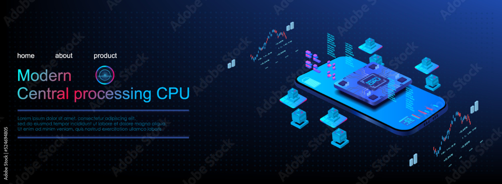 Poster mobile phone with processor on the screen. mobile phone in axonometric projection. futuristic microp