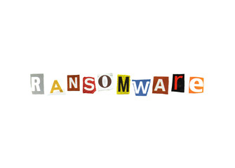 An anonymous letter, made with characters cut out from newspapers and magazines, composing the word Ransomware.
