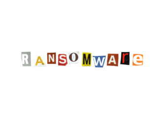An anonymous letter, made with characters cut out from newspapers and magazines, composing the word Ransomware.