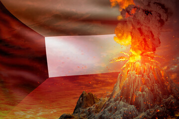 conical volcano blast eruption at night with explosion on Kuwait flag background, problems of natural disaster and volcanic earthquake conceptual 3D illustration of nature