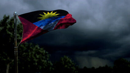 Antigua and Barbuda flag for veterans day on dark storm cumulus - abstract 3D rendering