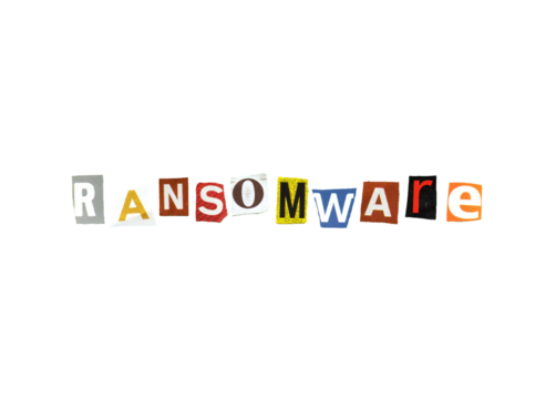 An anonymous letter, made with characters cut out from newspapers and magazines, composing the word Ransomware.
 - Powered by Adobe