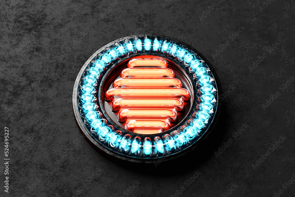 Poster 3d rendering abstract multicolored round fractal, portal. volume control. blue and yellow round spir