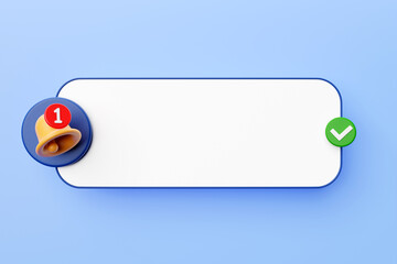 3D illustration of a yellow bell with a new social media reminder notification on blue background.