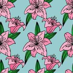 seamless repeating pattern of large pink lily flowers on a light blue background, texture, design