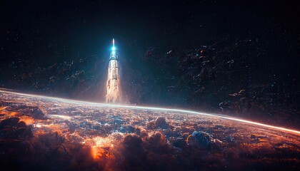 Spaceship takes off into the starry sky. Rocket starts into space. 3d rendering. - obrazy, fototapety, plakaty