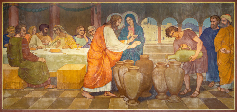 BERN, SWITZERLAND - JUNY 27, 2022: The fresco of  Mirracle at Cana  in the church Dreifaltigkeitskirche by August Müller (1923).