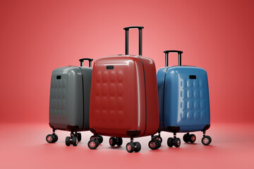 Close-up of luxurious and elegant blue, red and gray plastic suitcases on a red background. Travel vacation vacation concept. 3d illustration