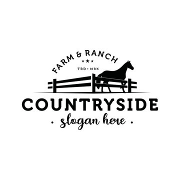 Horse silhouette behind wooden fence paddock for countryside western country farm ranch logo design