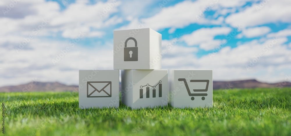Poster cubes block with tech symbols on green grass, cloudy sky background. 3d render
