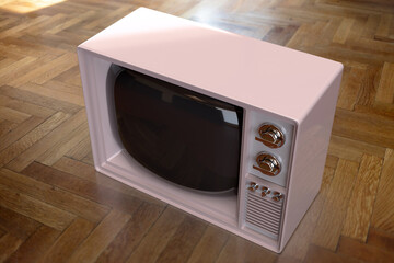 Obraz premium Nostalgia concept. Retro analog TV on wooden floor background. Overhead view. 3d render