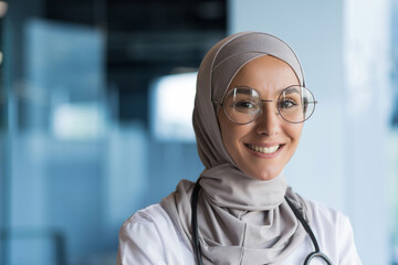 Close-up photo portrait of young beautiful muslim woman doctor, nurse in glasses smiling and looking at camera, arab woman working in modern clinic office wearing hijab and medical gown