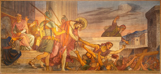 BERN, SWITZERLAND - JUNY 27, 2022: The fresco of Jesus judgment before Pilate in the church...