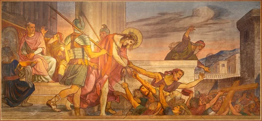 Foto op Canvas BERN, SWITZERLAND - JUNY 27, 2022: The fresco of Jesus judgment before Pilate in the church Dreifaltigkeitskirche by August Müller (1923). © Renáta Sedmáková