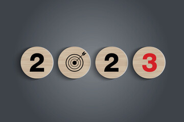 Numbers 2023 on a circular wooden block on a table. For design publications, posters, brochures, catalogues, invitations, websites. Happy New Year 2023 concept, vector illustrator.
