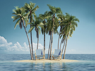 Holiday concept art. Island in sea sandy beach with sun lounger and palms