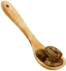 watercolor Roasted coffee beans in wooden spoon