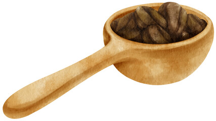 watercolor Roasted coffee beans in wooden spoon