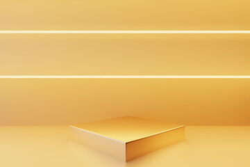 Golden podium on wall background with yellow neon light