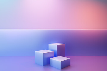 Three cubic podiums on a pink and blue background