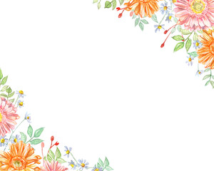 Watercolor beautiful floral frame on corners with orange and pink chrysanthemums and chamomile. Artwork for greeting card, wedding, postcard, prints, invitations, floral shops, promotion, birthday.