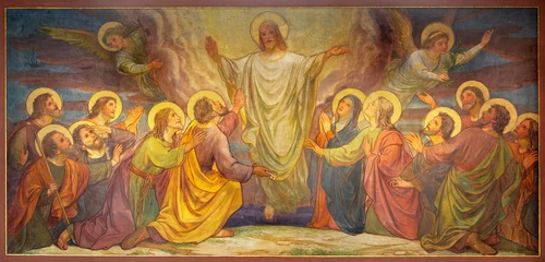 Tuinposter BERN, SWITZERLAND - JUNY 27, 2022: The fresco of Ascension of the Lord in the church Dreifaltigkeitskirche by August Müller (1923). © Renáta Sedmáková