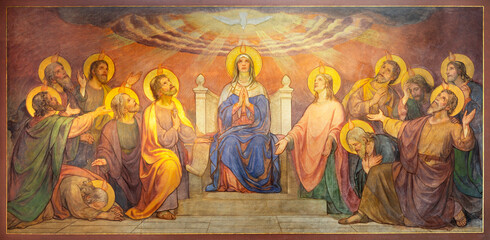BERN, SWITZERLAND - JUNY 27, 2022: The fresco of Pentecost in the church Dreifaltigkeitskirche by August Müller (1923). - obrazy, fototapety, plakaty