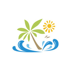 Fototapeta na wymiar Cute Illustration Of Summer Vacation With Palm Trees, Ocean Waves And Sun Vector Desain