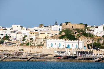 Fototapeta na wymiar the town Santa Maria di Leuca and Morciano tower as seen from sea, Apulia region Italy
