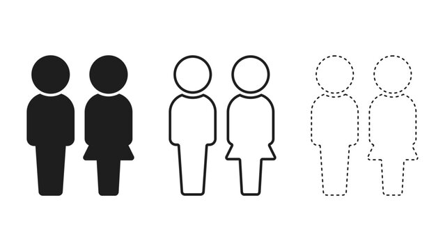 3つのデザインの立っている2人組の男女のアイコン･ピクトグラム - 黒1色･線画･点線のセット
