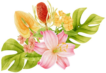 watercolor bouquet with tropical flowers for wedding