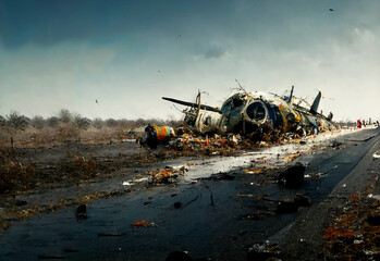 Fototapeta na wymiar 3D illustration of a crashed plane on the runway