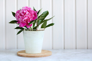 Peonies in a decorative bucket in a white interior.