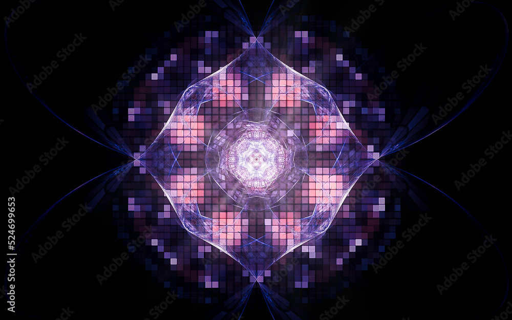 Aufkleber abstract illustration of a computer generated fantastic emblem in various shapes and shades on a black background for use in symbology, signs for digital design and graphics