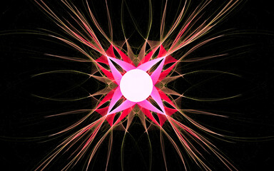 abstract illustration of a computer generated fantastic flower of various shapes and shades on a black background for use in symbology, signs for digital design and graphics