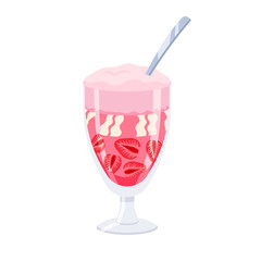 Strawberry ice cream dessert in a glass with a spoon. Ice cream with strawberry slices. Red and pink isolated sweet