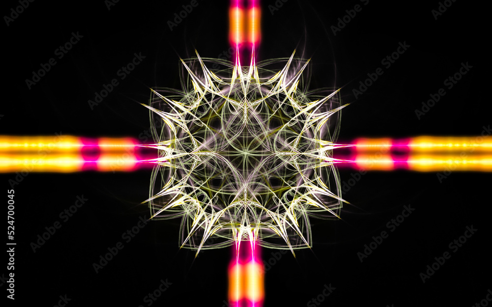 Aufkleber abstract illustration of a computer generated fantastic emblem in various shapes and shades on a black background for use in symbology, signs for digital design and graphics