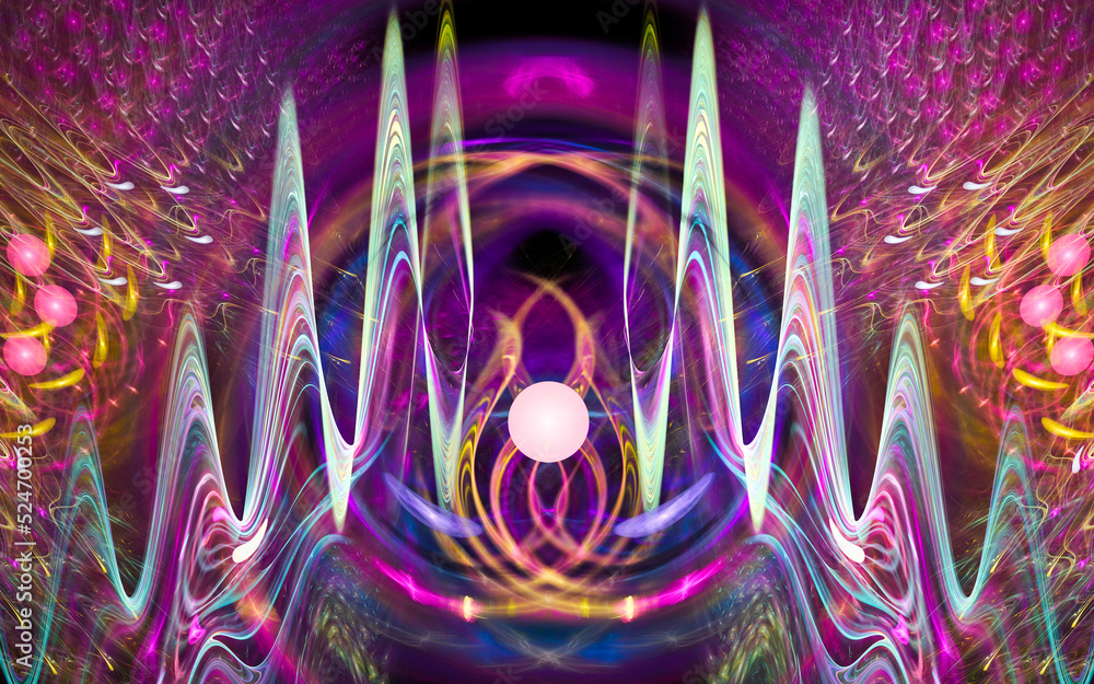 Poster abstract computer illustrations of fantastic energy waves of various shapes and shades on a black ba