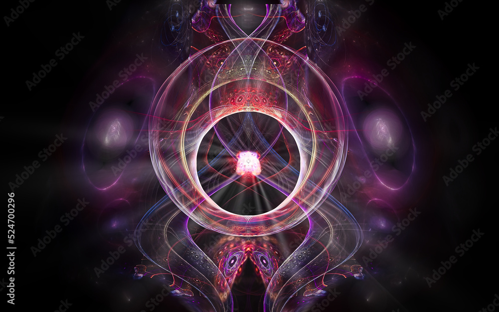 Aufkleber abstract illustration of a computer generated fantastic emblem in various shapes and shades on a black background for use in symbology, signs for digital design and graphics