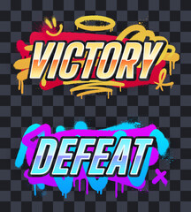Victory and defeat game banners on a transparent background. Colorful spray paint strokes, big shiny letters. Bright aerosol splashes. Eps10 vector