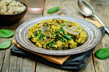 Mushrooms spinach turmeric brown rice in a plate