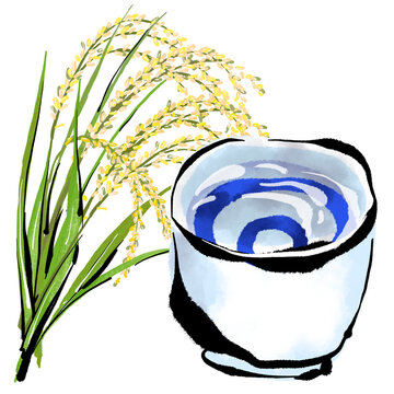 「日本酒・おちょこ」の手描きイラスト（筆書き墨絵風）