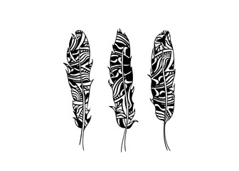 Hand drawn stylized feathers vector collection. Set of doodle tribal feathers. Cute zentangle feather for your design. Elements for greeting card and postcard, henna and tattoo.