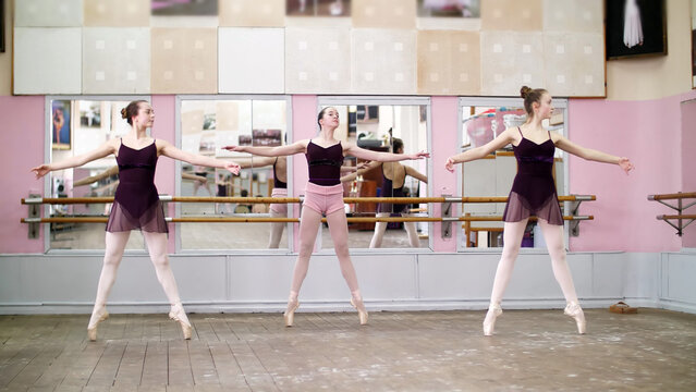 in dancing hall, Young ballerinas in black leotards perform pas echappe, standing on toes in pointe shoes near barre at mirror in ballet class. High quality photo