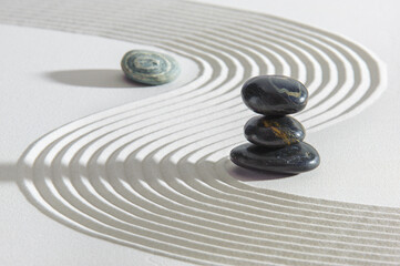 Japanese ZEN garden with feng shui and stone in sand