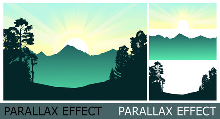 Fototapeta premium Mountain landscape. Haunted forest. Coniferous and deciduous trees. Silhouette Mountains rocks on horizon. Image from layers for overlay with parallax effect. Vector.