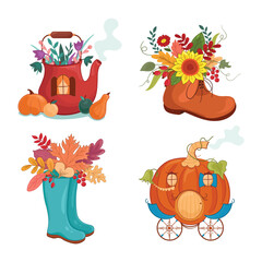 Vector illustration autumn set with boots, kettle, pumpkin, sunflower, coach, vegetables